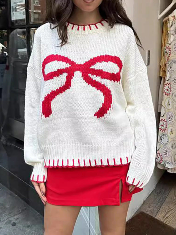 Contrast Binding Bow Sweater  Liora Lane Boutique Sweaters White / XL 125.99