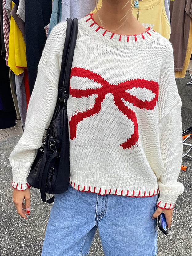 Contrast Binding Bow Sweater  Liora Lane Boutique Sweaters