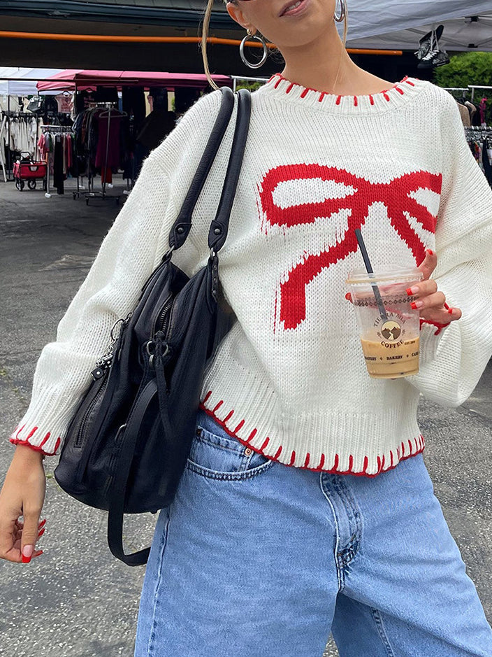 Contrast Binding Bow Sweater  Liora Lane Boutique Sweaters