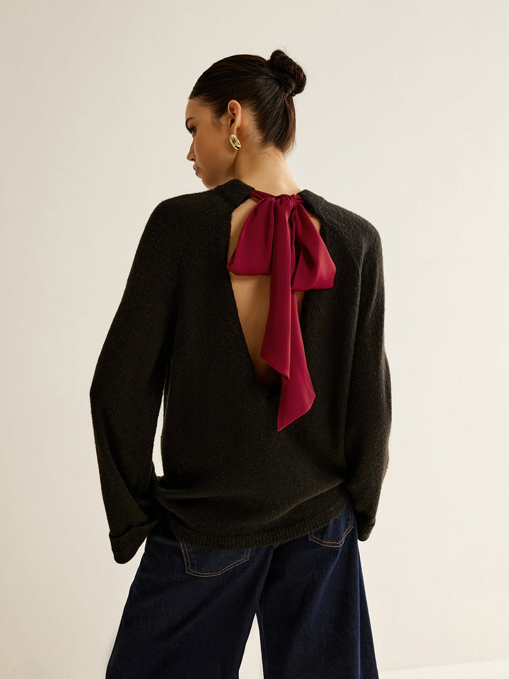 Oversized Open Back Tie Sweater  Liora Lane Boutique Sweaters Black / XL 45.00