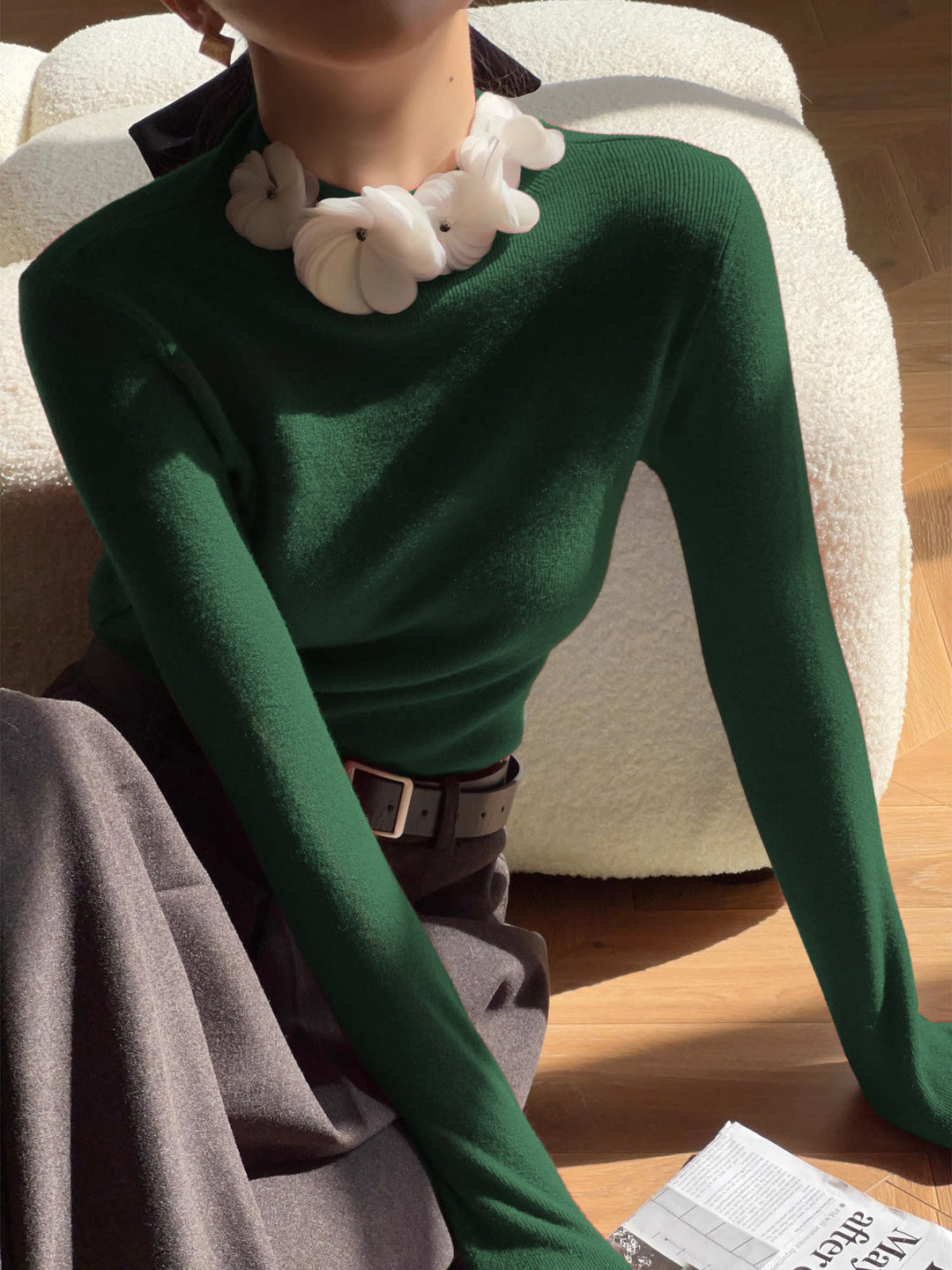 Solid Long Sleeve Floral Knit Top  Liora Lane Boutique Knit Tops Green / XL 44.00