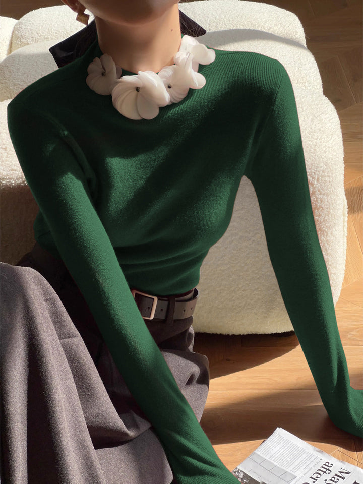 Solid Long Sleeve Floral Knit Top  Liora Lane Boutique Knit Tops Green / XL 44.00