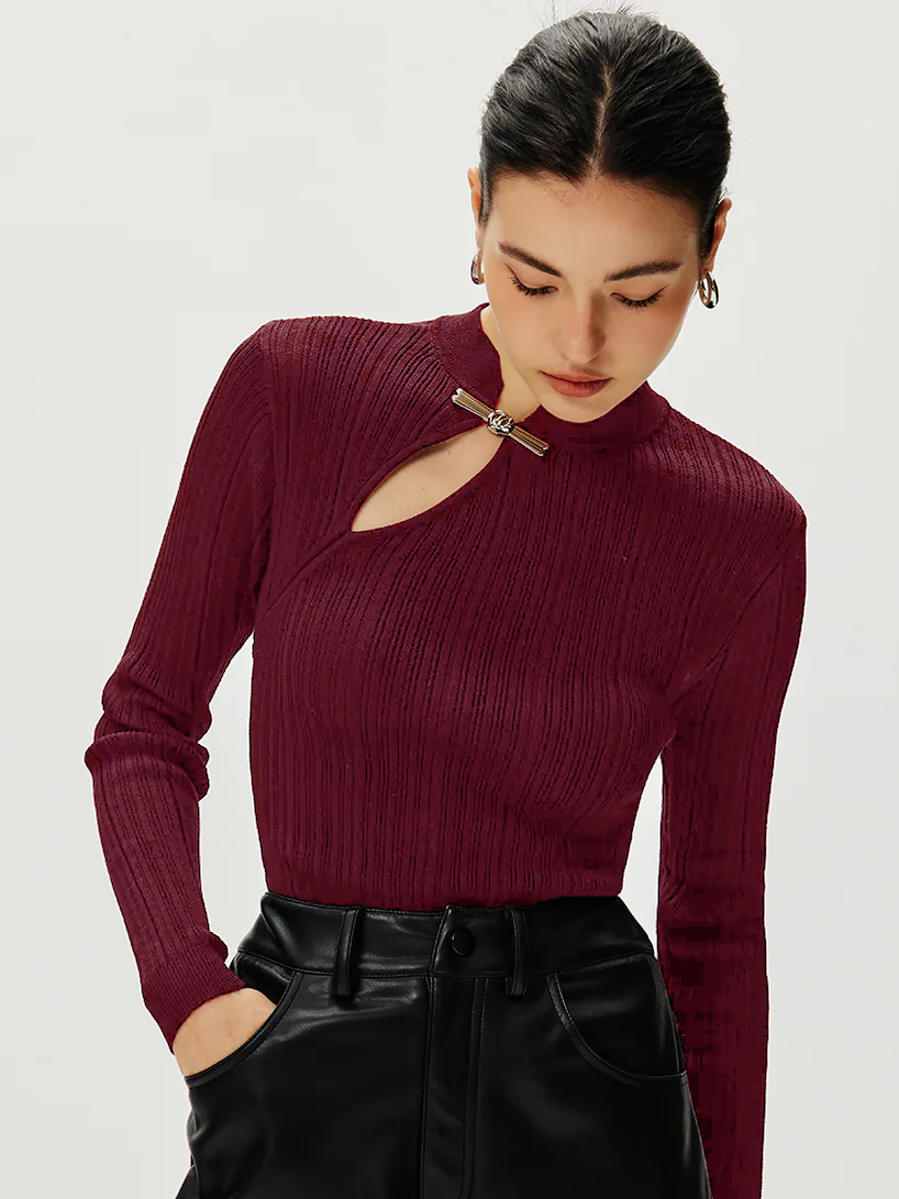Ribbed Metal Knotted Sweater  Liora Lane Boutique Sweaters Burgundy / XL 36.00