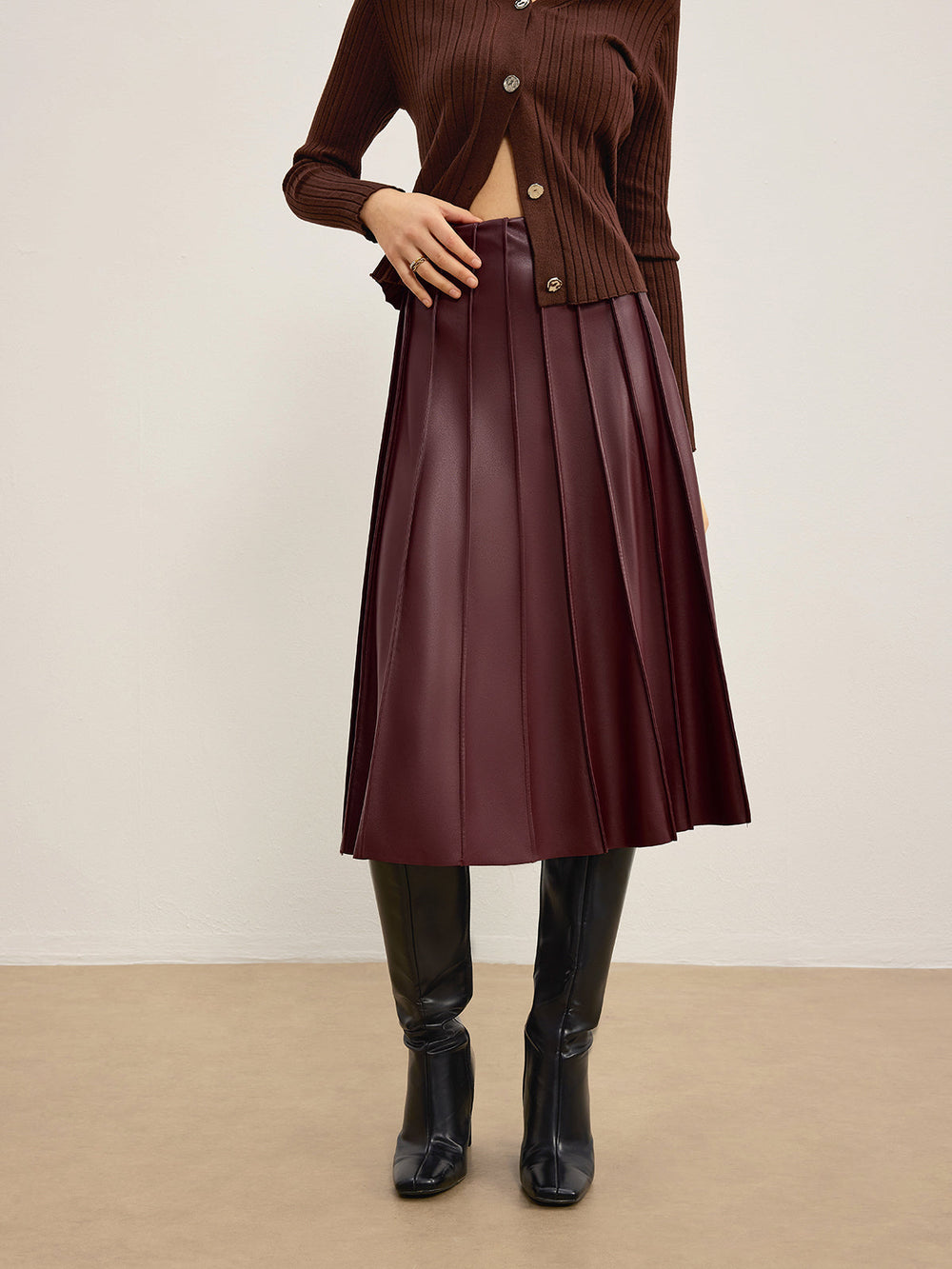 Faux Leather Pleated Midi Skirt  Liora Lane Boutique Skirts