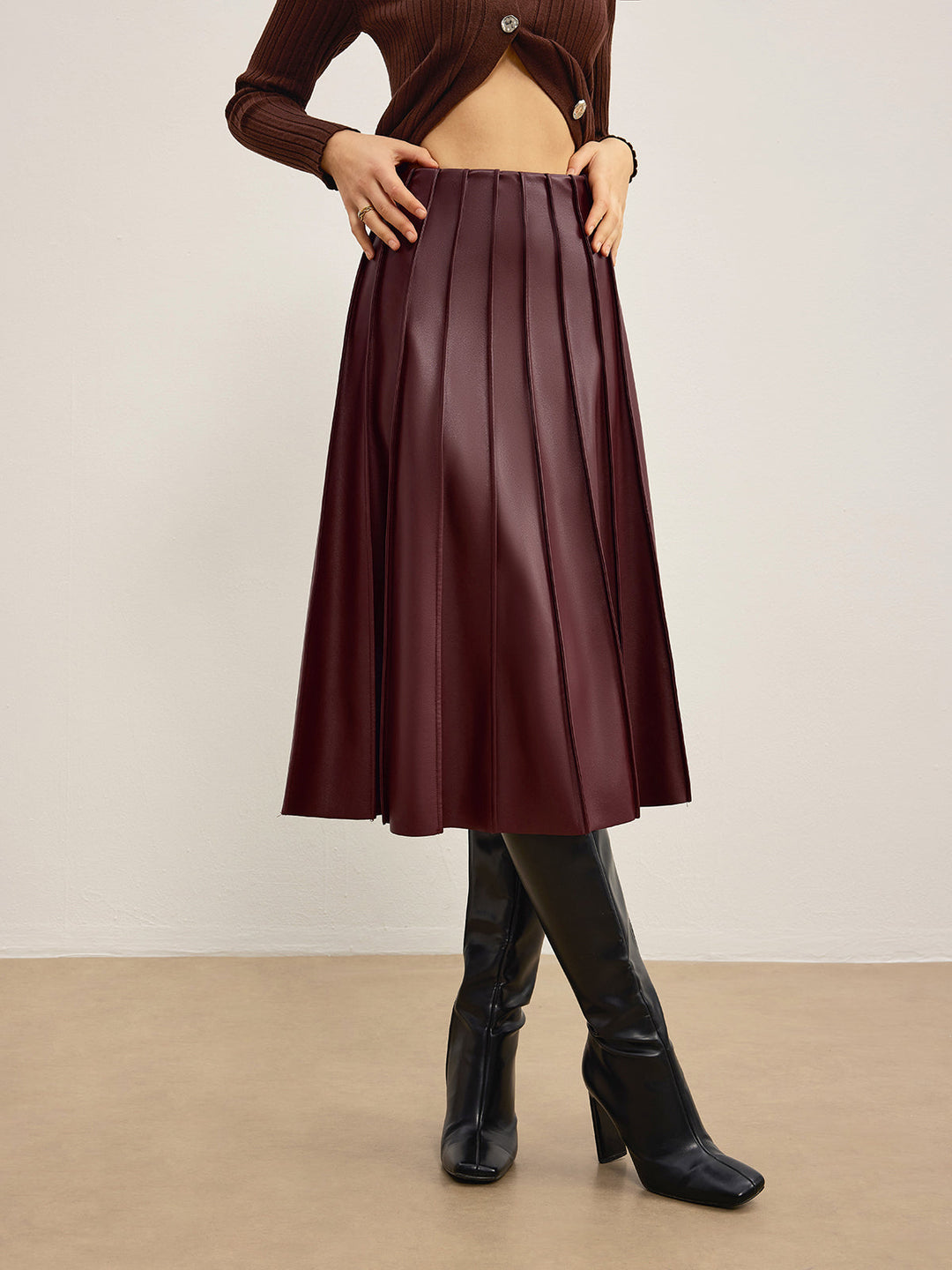 Faux Leather Pleated Midi Skirt  Liora Lane Boutique Skirts Burgundy / XL 52.00