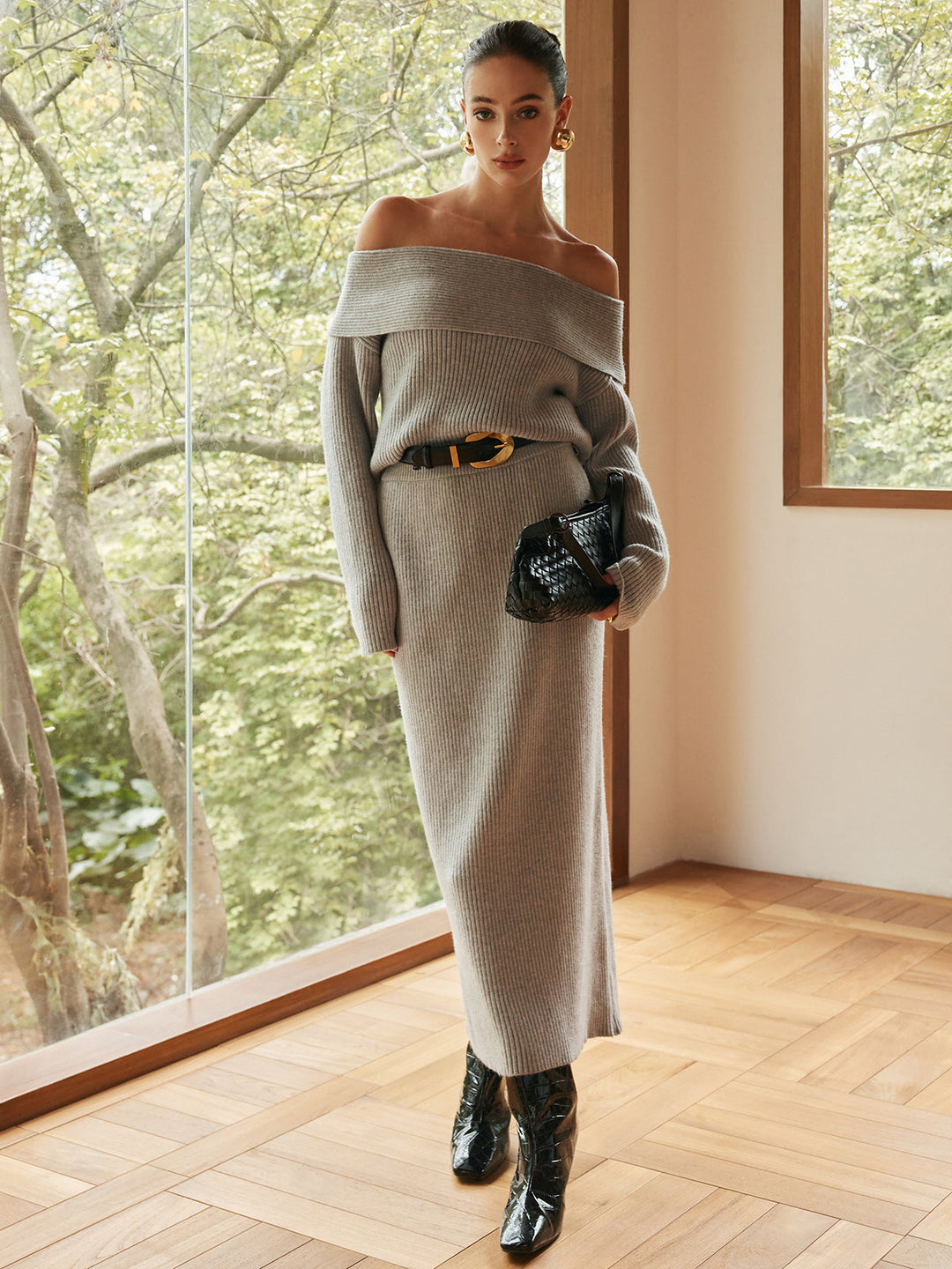 Ribbed Off-Shoulder Sweater Co-ords Without Belt  Liora Lane Boutique Sweater Co-ords Grey / XL 178.99