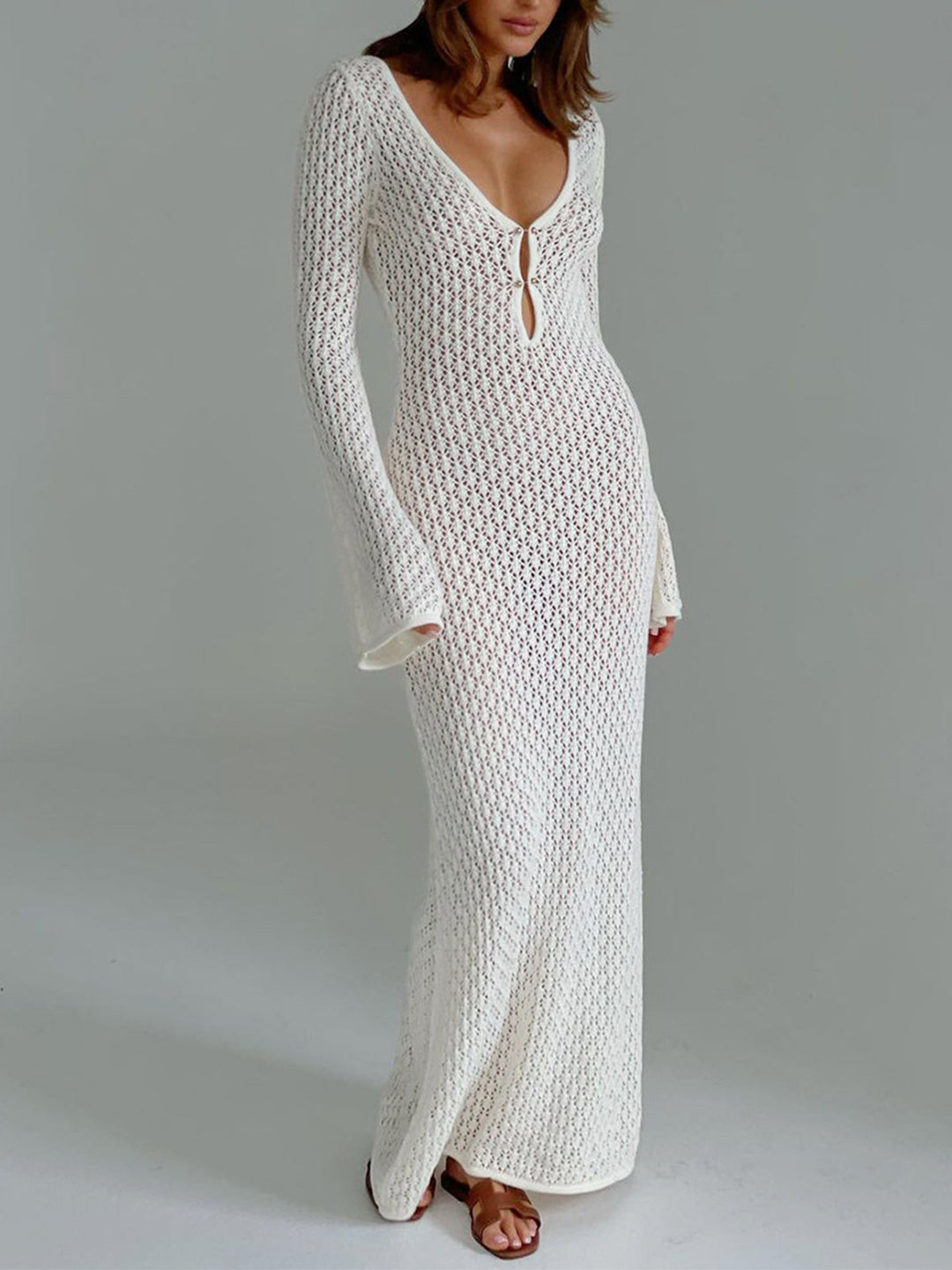 Cover Up Long Sleeve Open Back Long Dress  Liora Lane Boutique Sweater Dresses White / XL 122.99