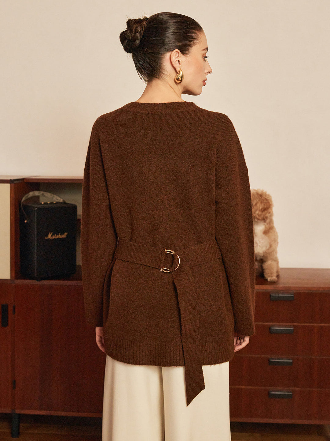 Wool-Blend Metal-Button Belted Cardigan  Liora Lane Boutique Cardigans