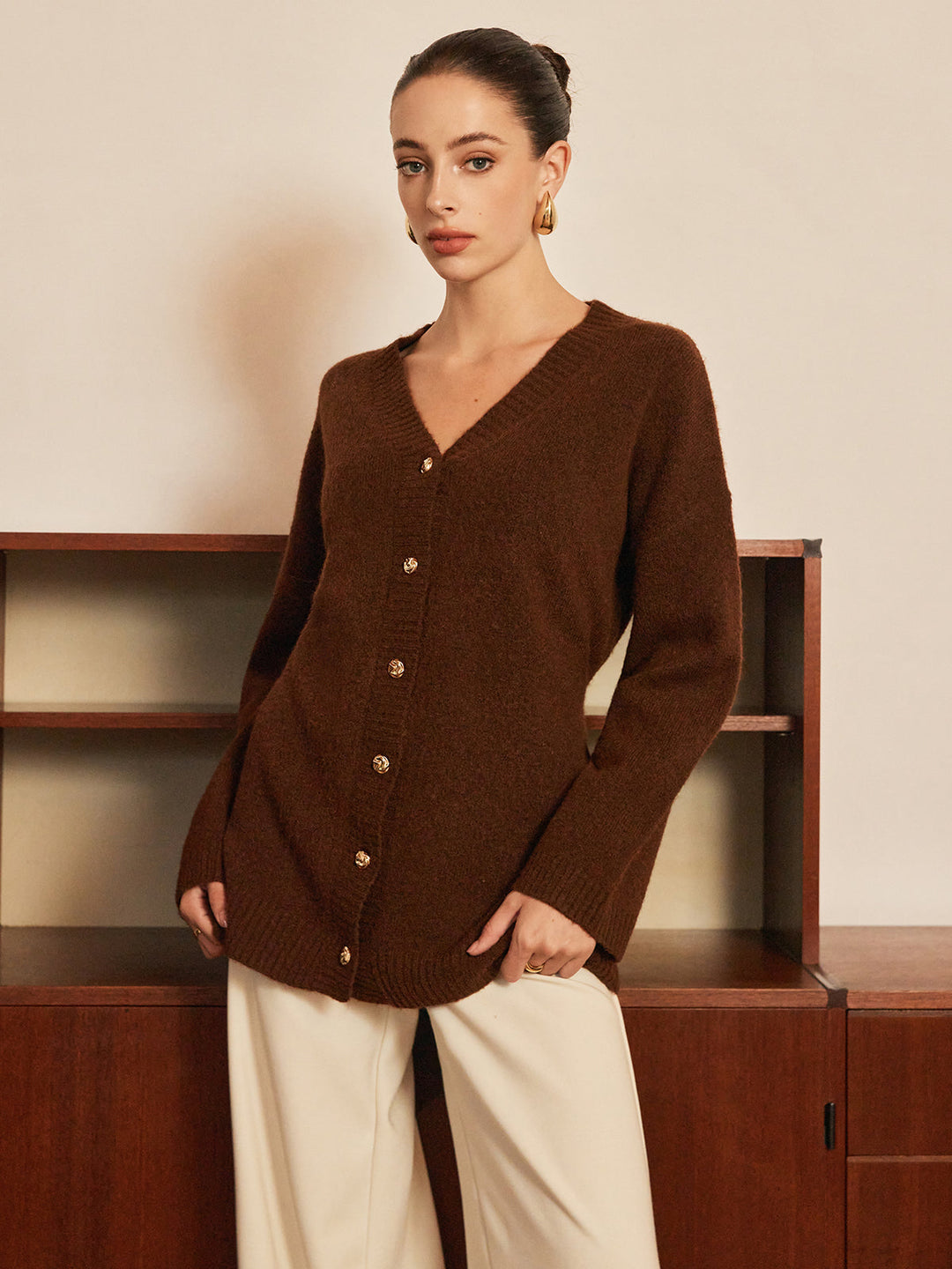 Wool-Blend Metal-Button Belted Cardigan  Liora Lane Boutique Cardigans Dark Brown / XL 84.99