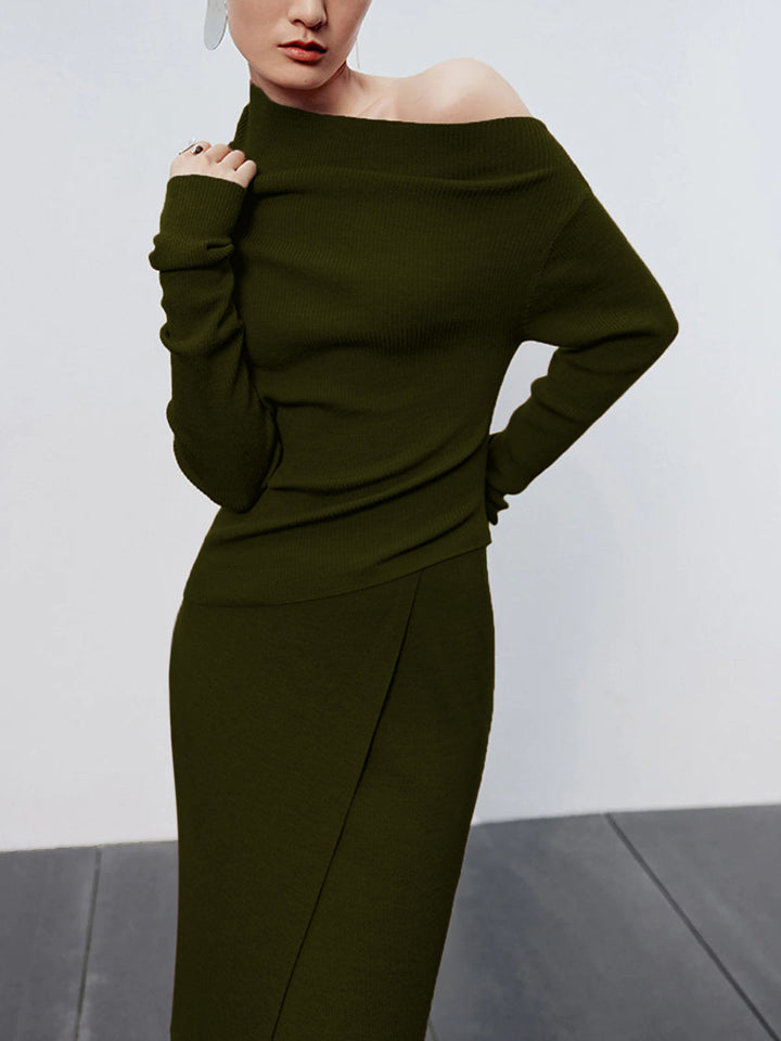 Caramel Asymmetric Neckline Long Sleeve Knit Top  Liora Lane Boutique Knit Tops ArmyGreen / XL 32.00