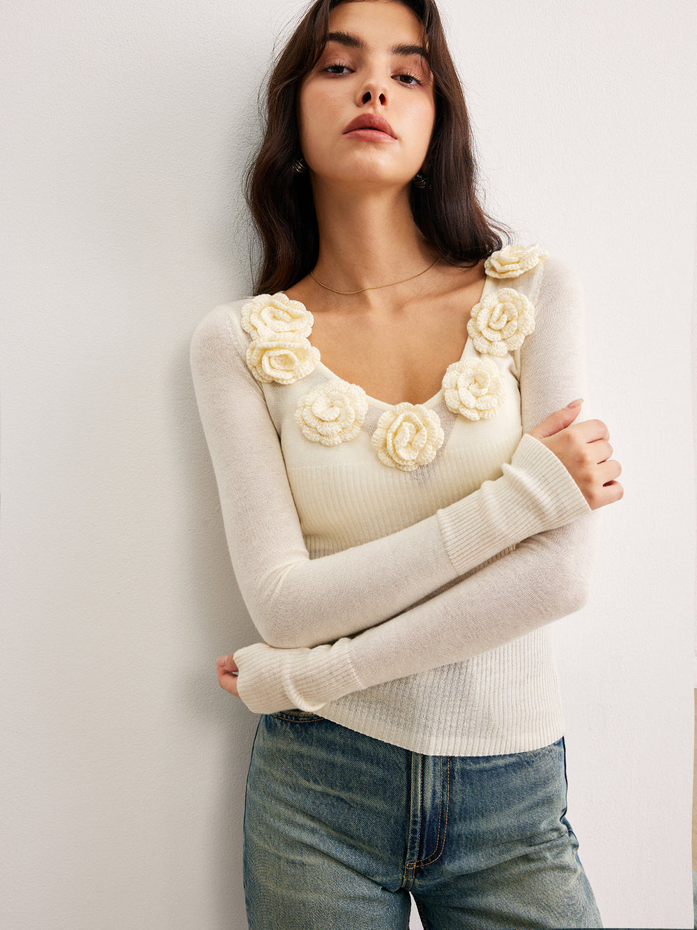 3D Flower Semi-Sheer Knit Top  Liora Lane Boutique Knit Tops