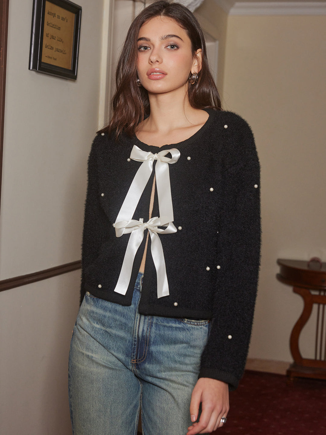 Beaded Decor Bow Knit Top  Liora Lane Boutique Knit Tops