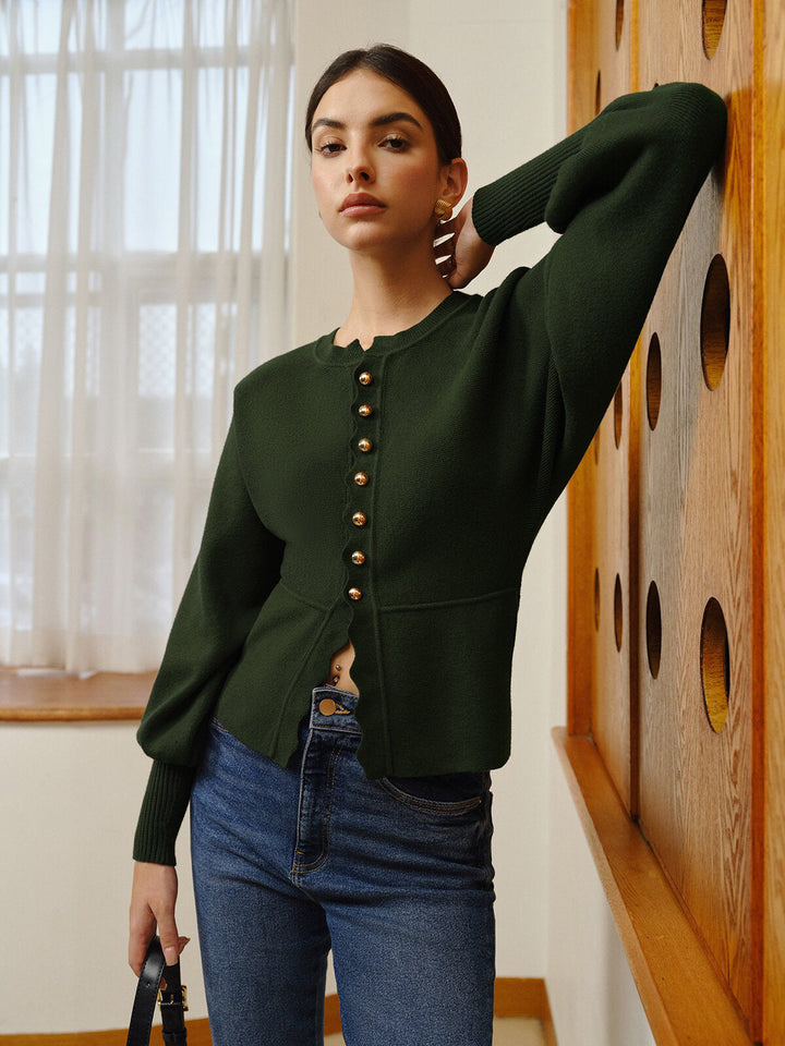 Leg-Of Mutton Sleeve Wave Trim Knit Top  Liora Lane Boutique Knit Tops