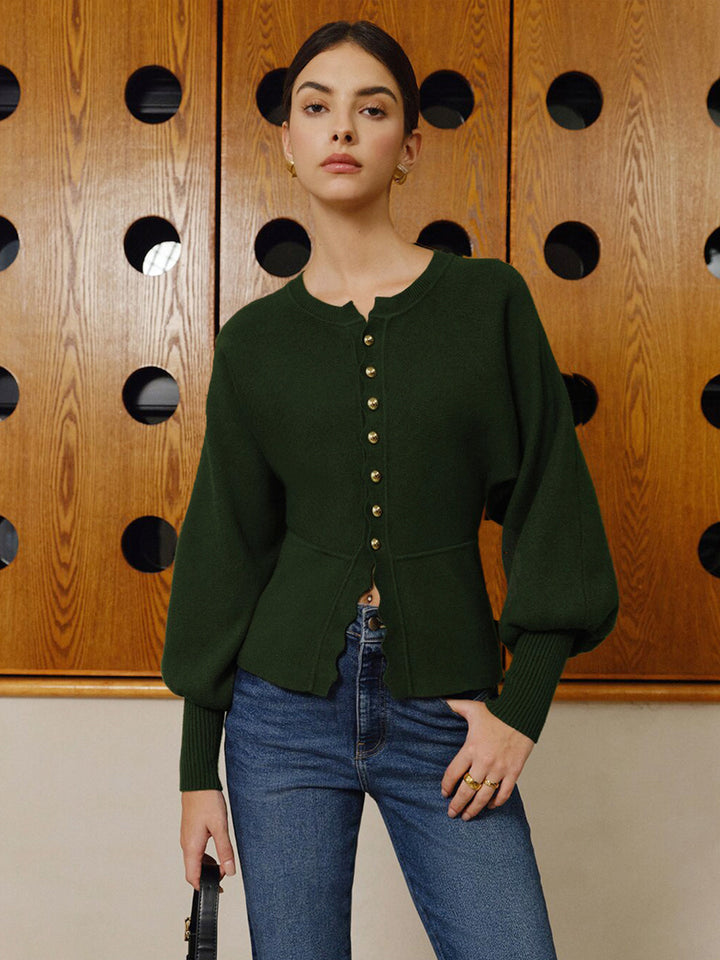 Leg-Of Mutton Sleeve Wave Trim Knit Top  Liora Lane Boutique Knit Tops ArmyGreen / XL 128.99