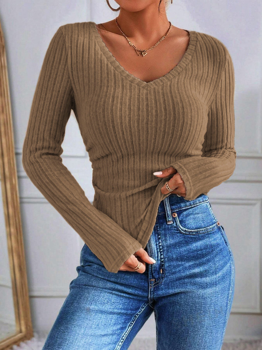 V-Neck Ribbed Skinny T-Shirt  Liora Lane Boutique T-Shirts Brown / XL 26.00