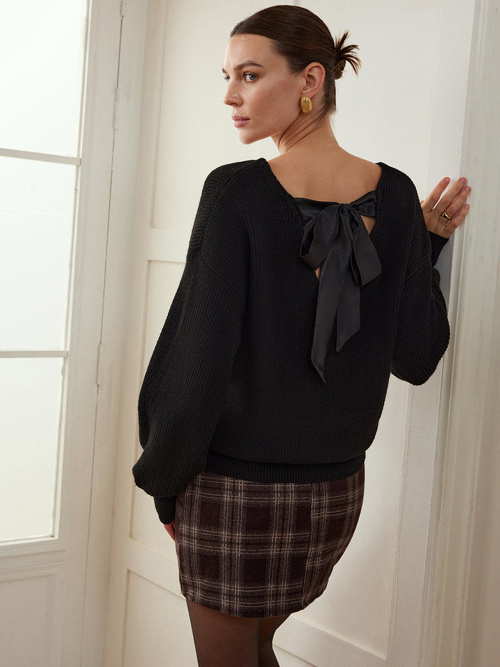 Ribbed V-Neck Bow Sweater  Liora Lane Boutique Sweaters
