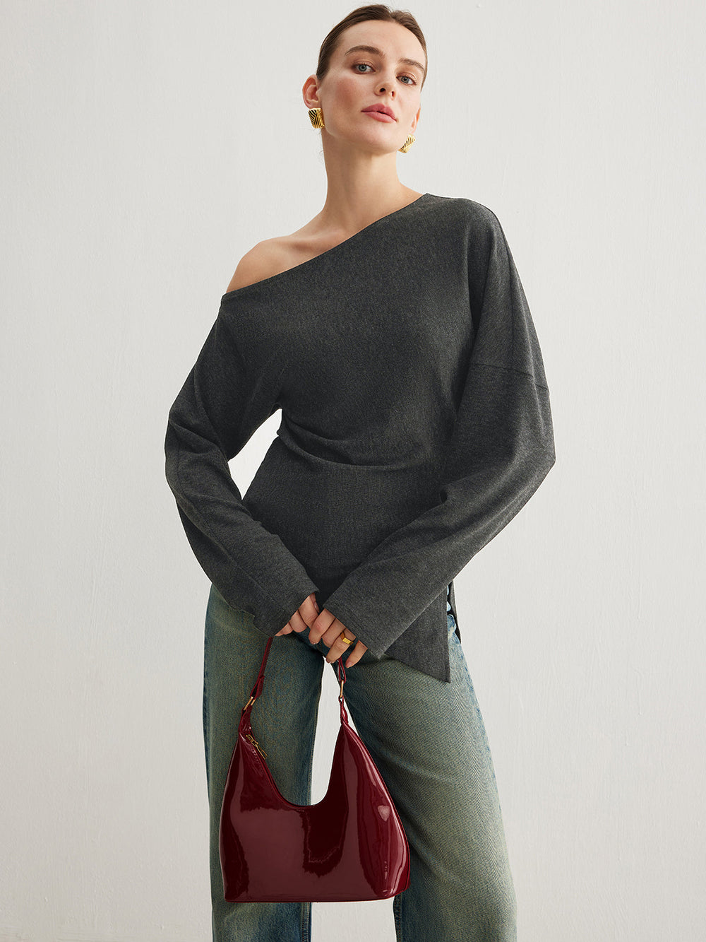 Asymmetrical Neck Slit Cinched Top  Liora Lane Boutique T-Shirts