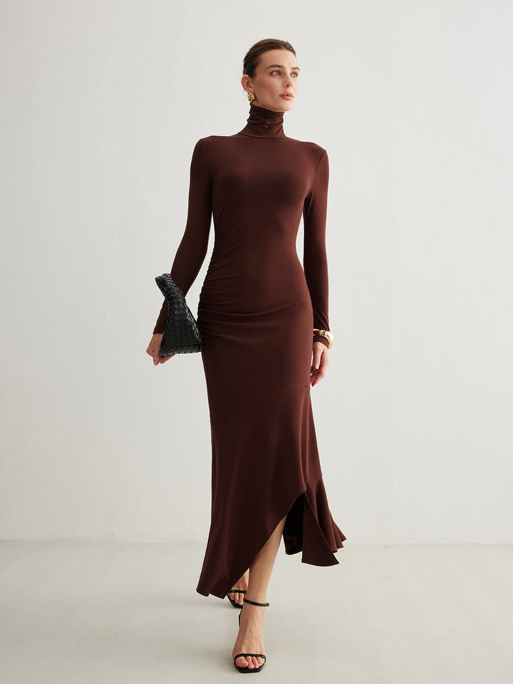 Turtleneck Irregular Pleated Long Dress  Liora Lane Boutique Dresses