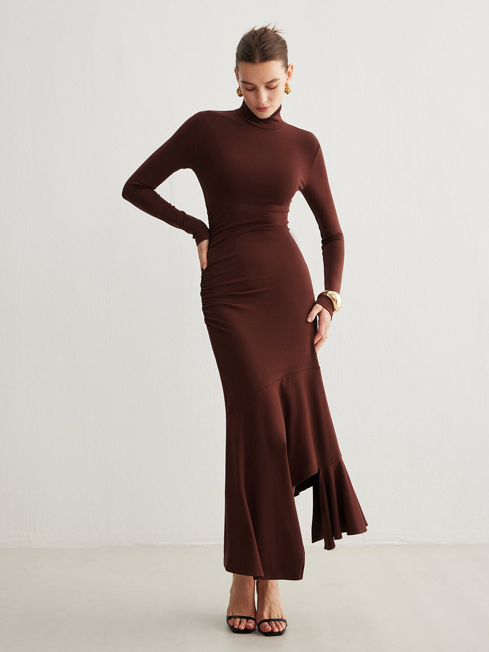 Turtleneck Irregular Pleated Long Dress  Liora Lane Boutique Dresses