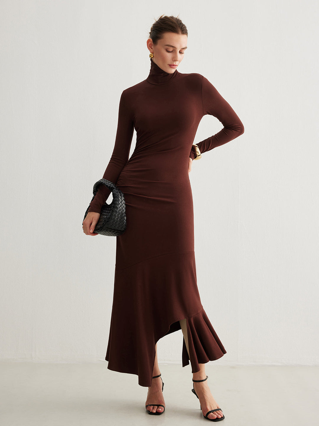 Turtleneck Irregular Pleated Long Dress  Liora Lane Boutique Dresses Burgundy / XL 44.00