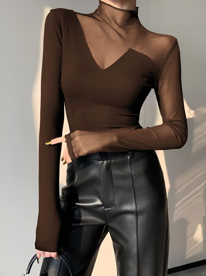 Asymmetrical Sheer Mesh Panel T-Shirt  Liora Lane Boutique T-Shirts Brown / XL 22.00