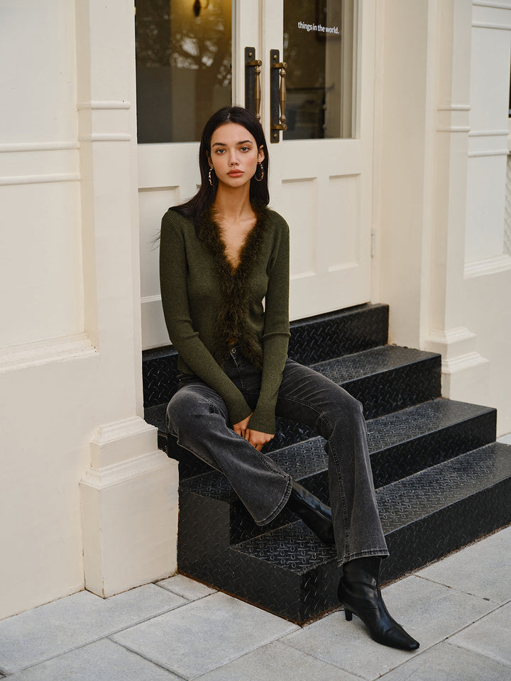 Feather Trim Wool-Blend Slim Sweater  Liora Lane Boutique Sweaters