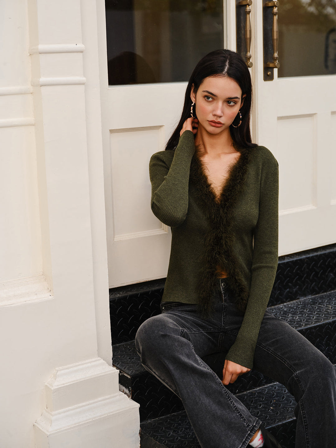 Feather Trim Wool-Blend Slim Sweater  Liora Lane Boutique Sweaters