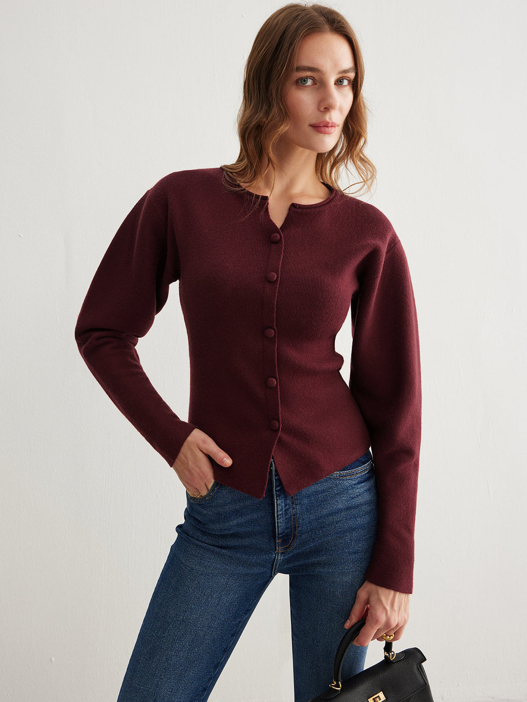 Ribbed Button Slit Sweater  Liora Lane Boutique Sweaters Burgundy / XL 48.00