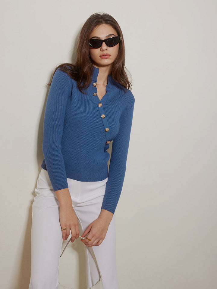 Asymmetrical Breasted Slim Polo Sweater  Liora Lane Boutique Sweaters