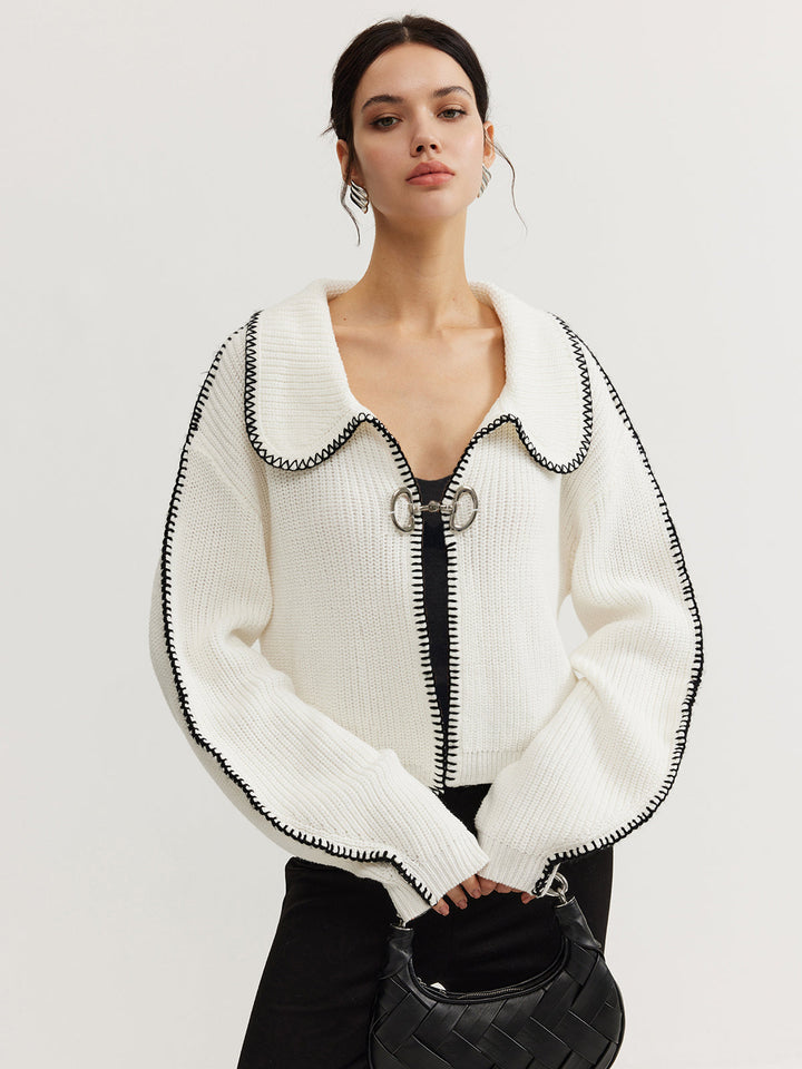 Contrast Trim Magnet Closure Knit Top  Liora Lane Boutique Knit Tops White / XL 133.99