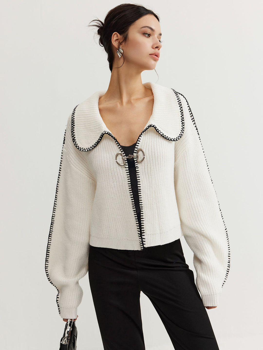 Contrast Trim Magnet Closure Knit Top  Liora Lane Boutique Knit Tops