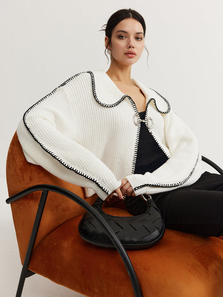 Contrast Trim Magnet Closure Knit Top  Liora Lane Boutique Knit Tops