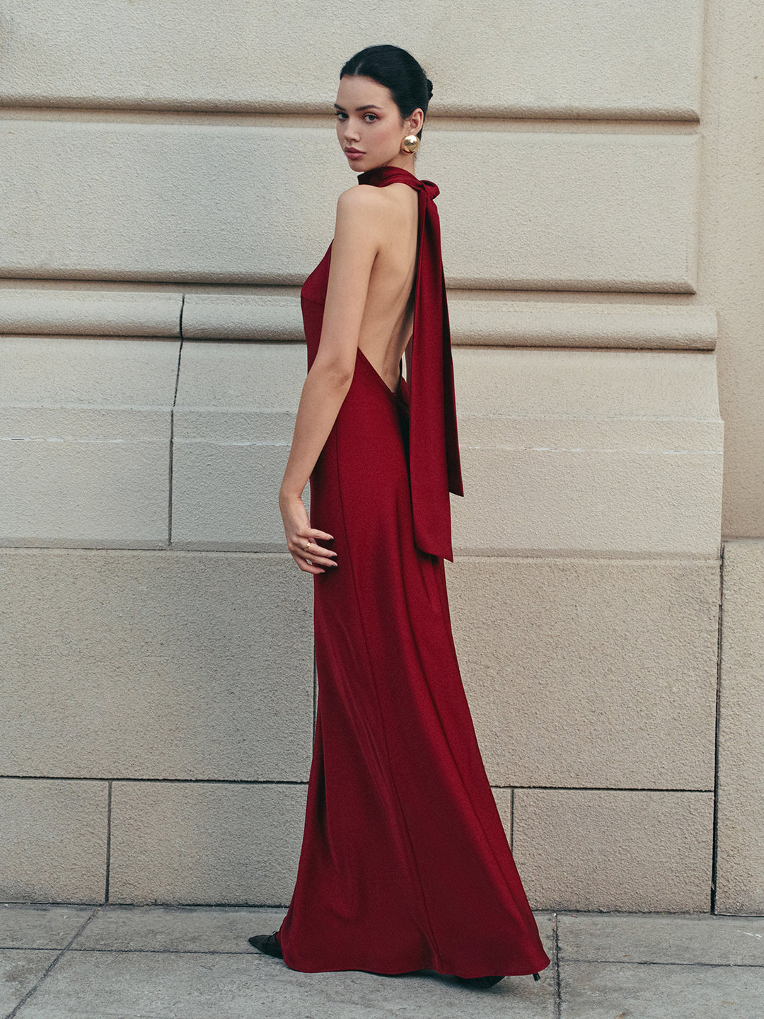 Open Back Satin Halter Dress  Liora Lane Boutique Dresses Burgundy / XL 42.00