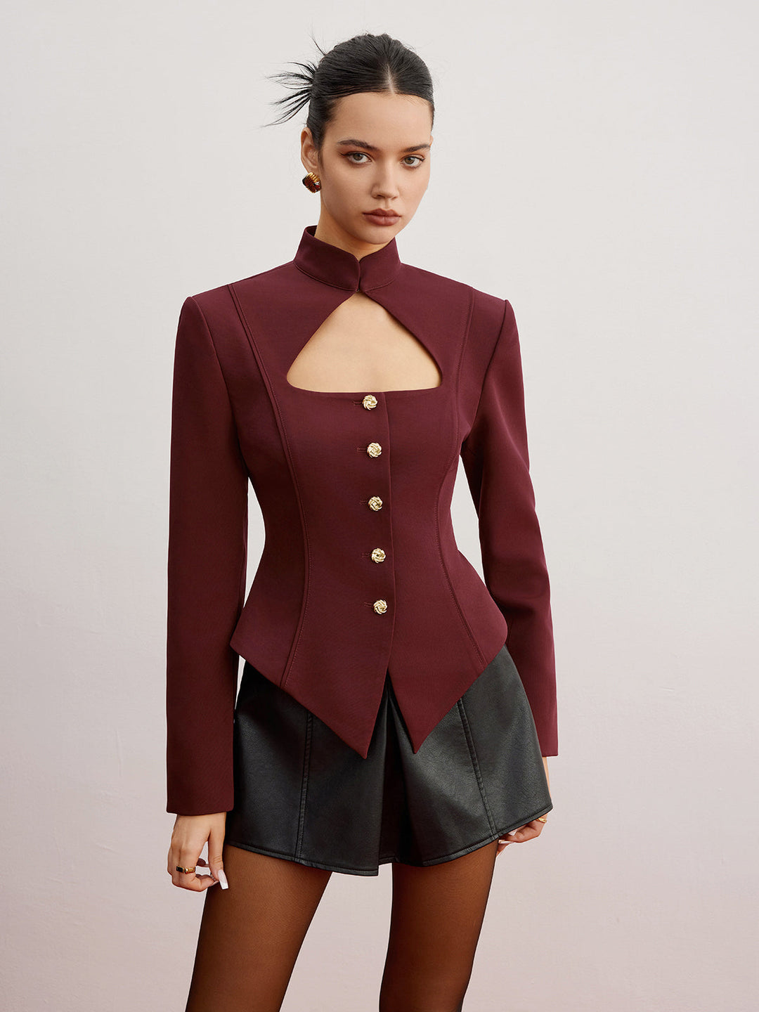 Cutout Slim Blazer With Shoulder Pads  Liora Lane Boutique Blazers Burgundy / XL 151.00