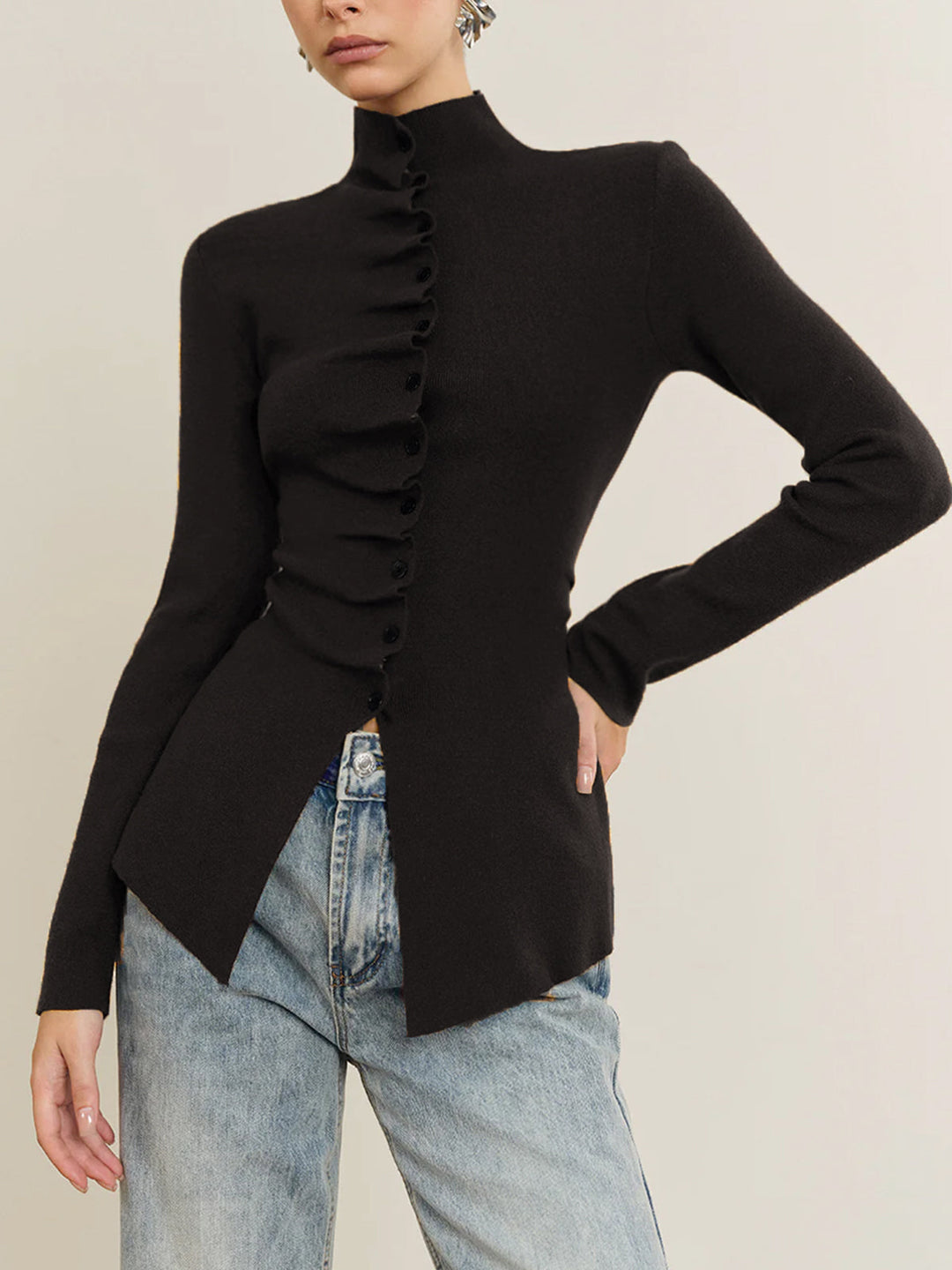 Button Pleated Split Knit Top  Liora Lane Boutique Knit Tops Black / XL 44.00