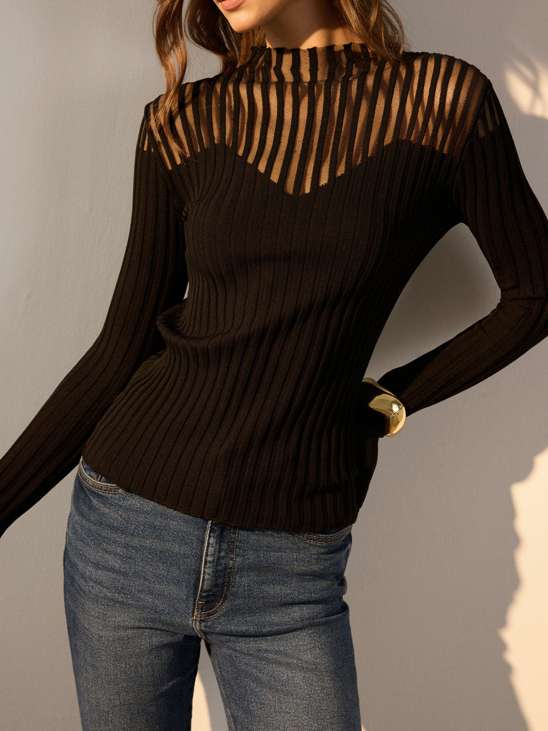 Ribbed Sheer-Shoulder Knit Top  Liora Lane Boutique Knit Tops