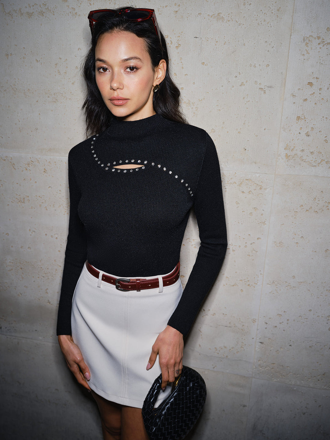 Cutout Beaded Slim Ribbed Sweater  Liora Lane Boutique Sweaters