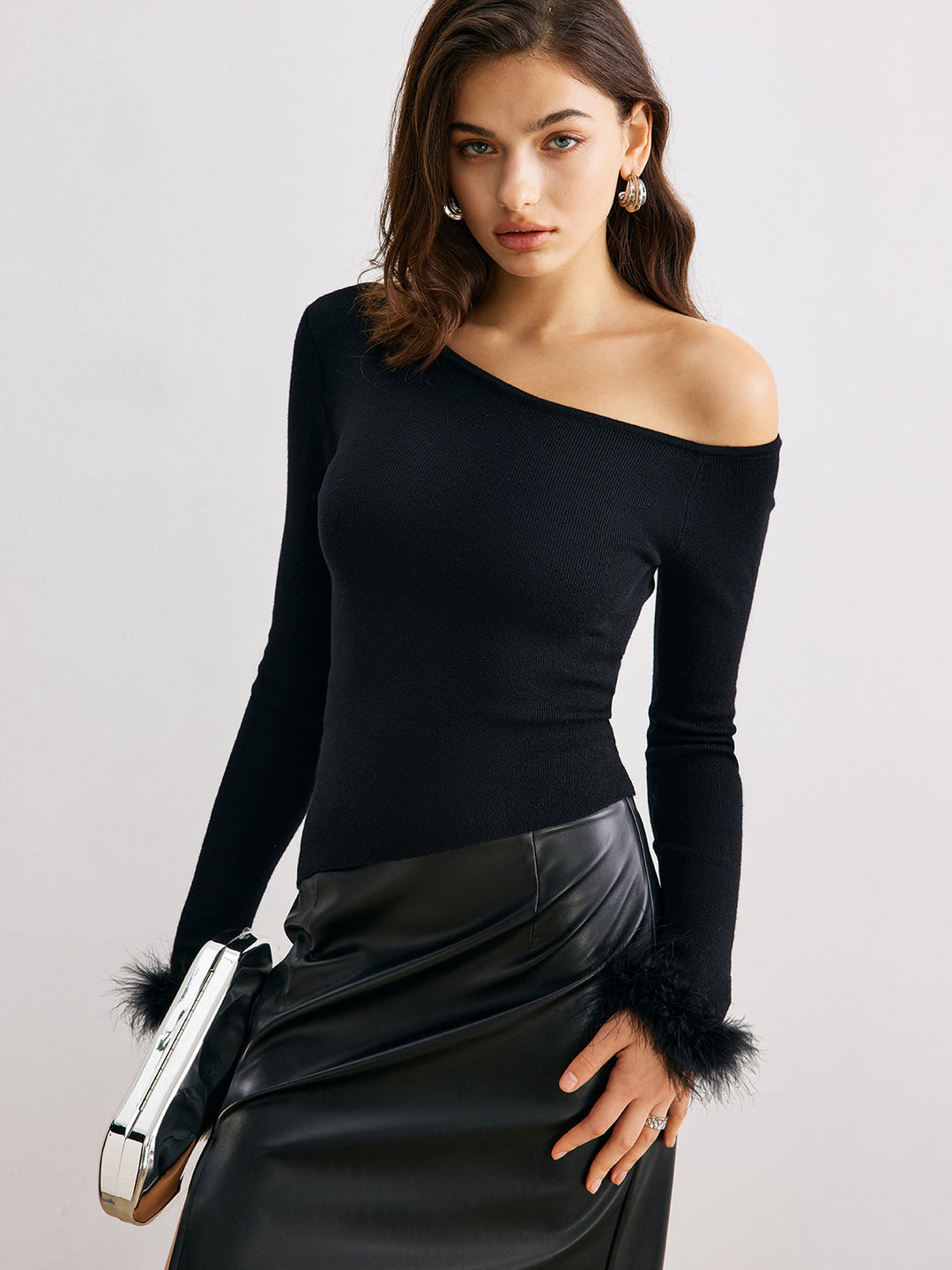 Cashmere Asymmetrical Neck Slim Sweater  Liora Lane Boutique Sweaters Black / L 94.99