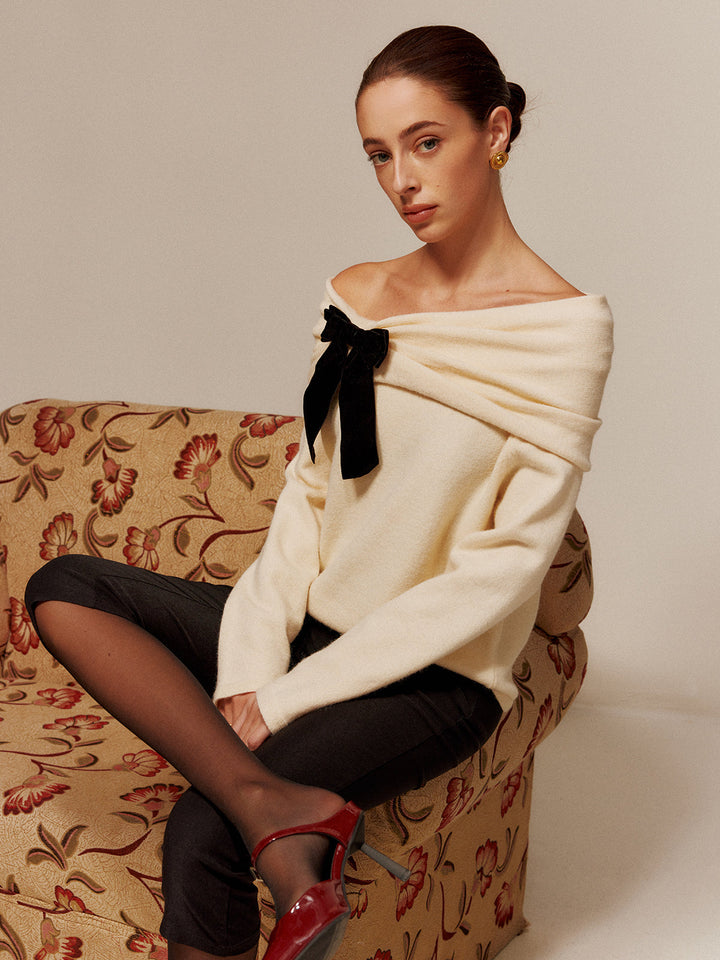 Velvet-Bow Off-Shoulder Ruched Sweater  Liora Lane Boutique Sweaters Off-White / XL 42.00