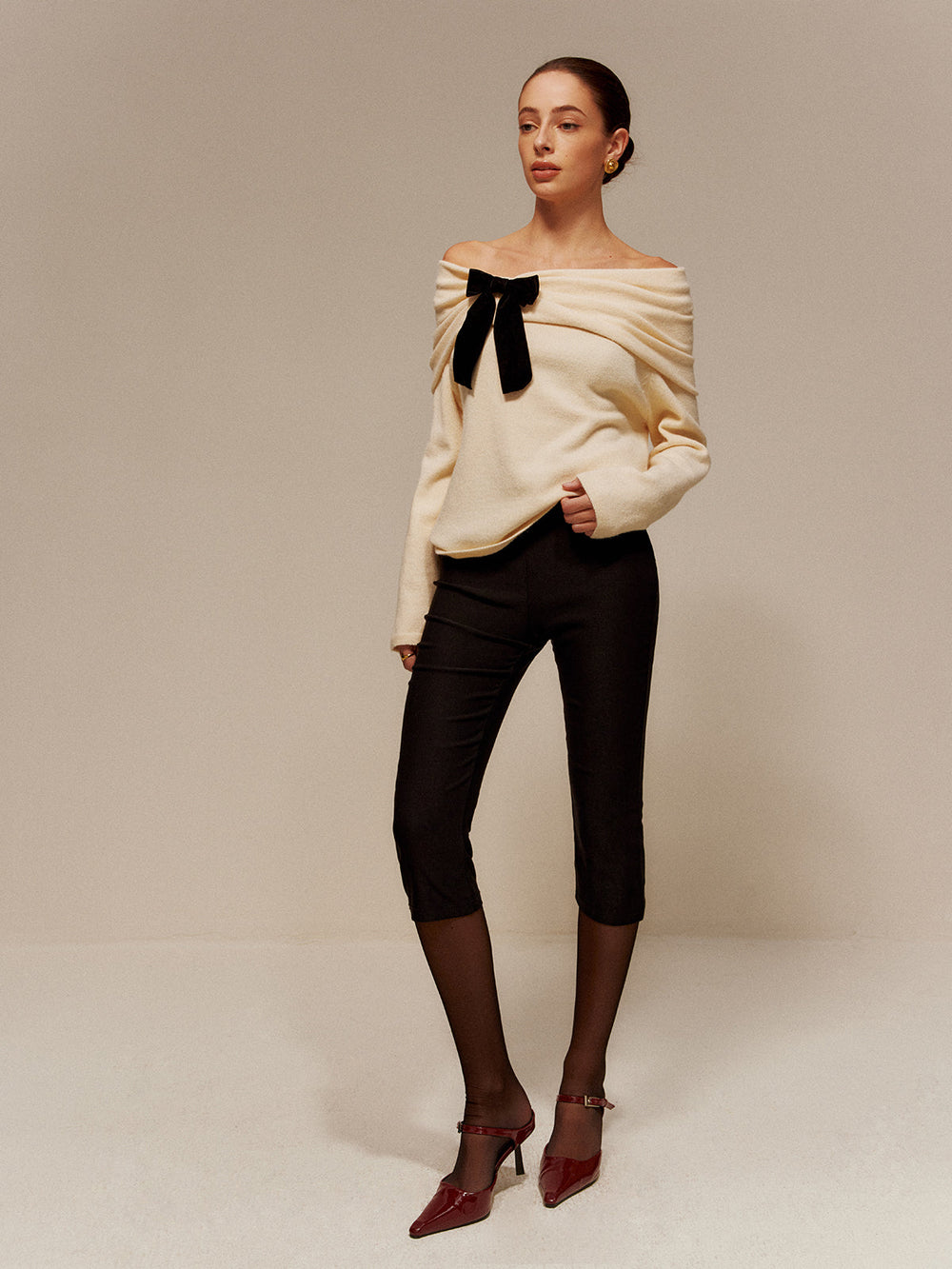 Velvet-Bow Off-Shoulder Ruched Sweater  Liora Lane Boutique Sweaters