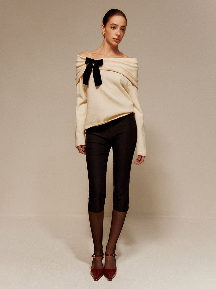 Velvet-Bow Off-Shoulder Ruched Sweater  Liora Lane Boutique Sweaters
