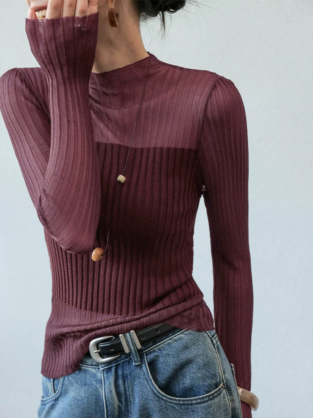 Sheer Panel Slim Sweater  Liora Lane Boutique Sweaters Burgundy / XL 42.00