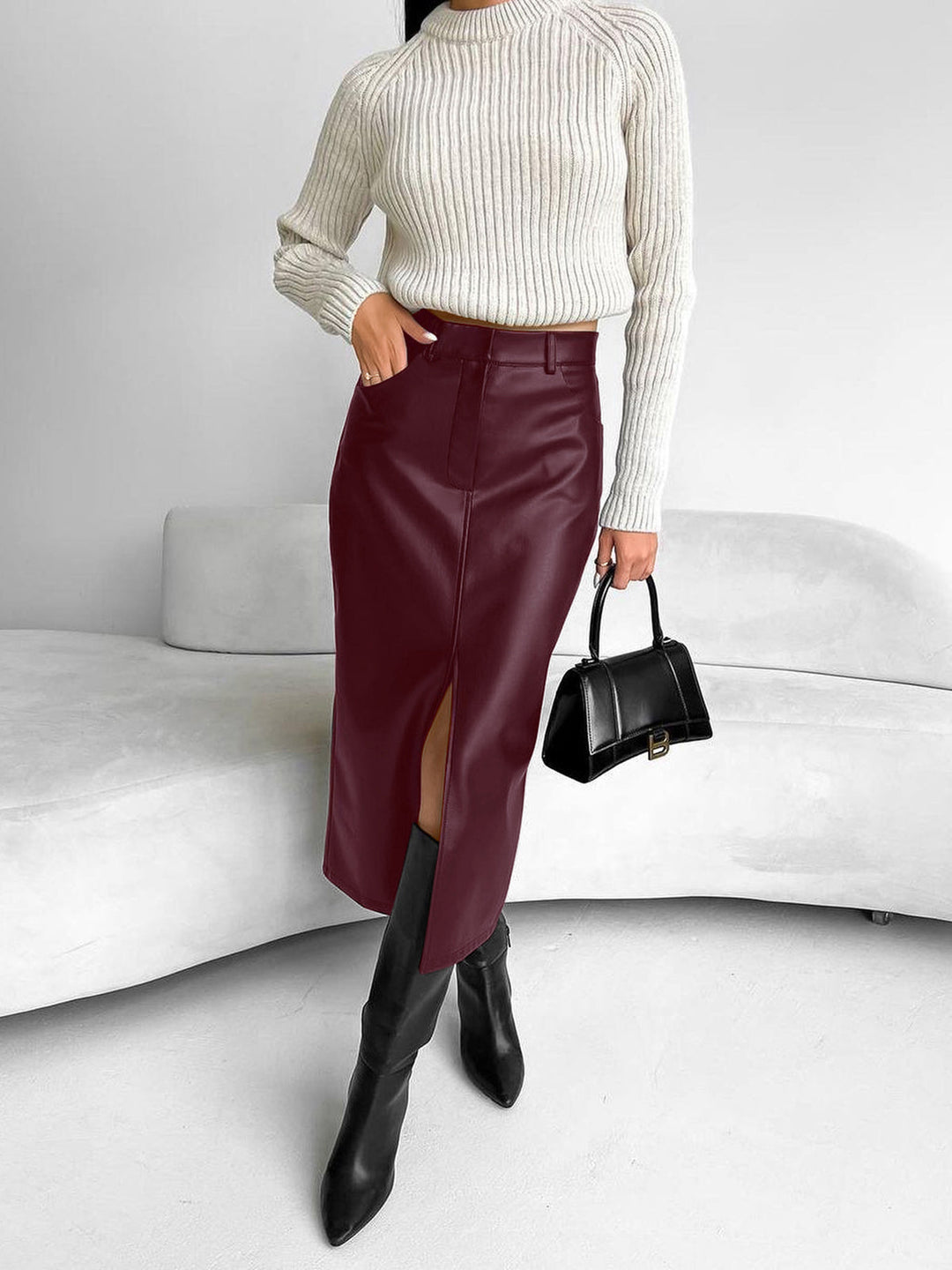 Faux Leather Slit Midi Skirt  Liora Lane Boutique Skirts Burgundy / XL 36.00