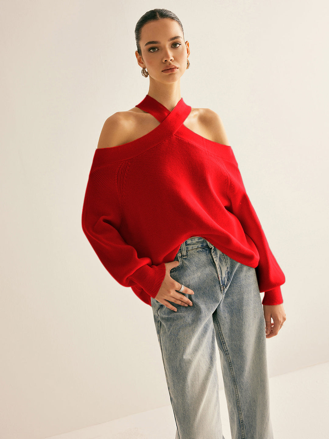 Cross-Over Collar Cold-Shoulder Sweater  Liora Lane Boutique Sweaters Red / XL 49.00