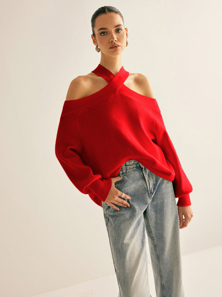 Cross-Over Collar Cold-Shoulder Sweater  Liora Lane Boutique Sweaters Red / XL 49.00