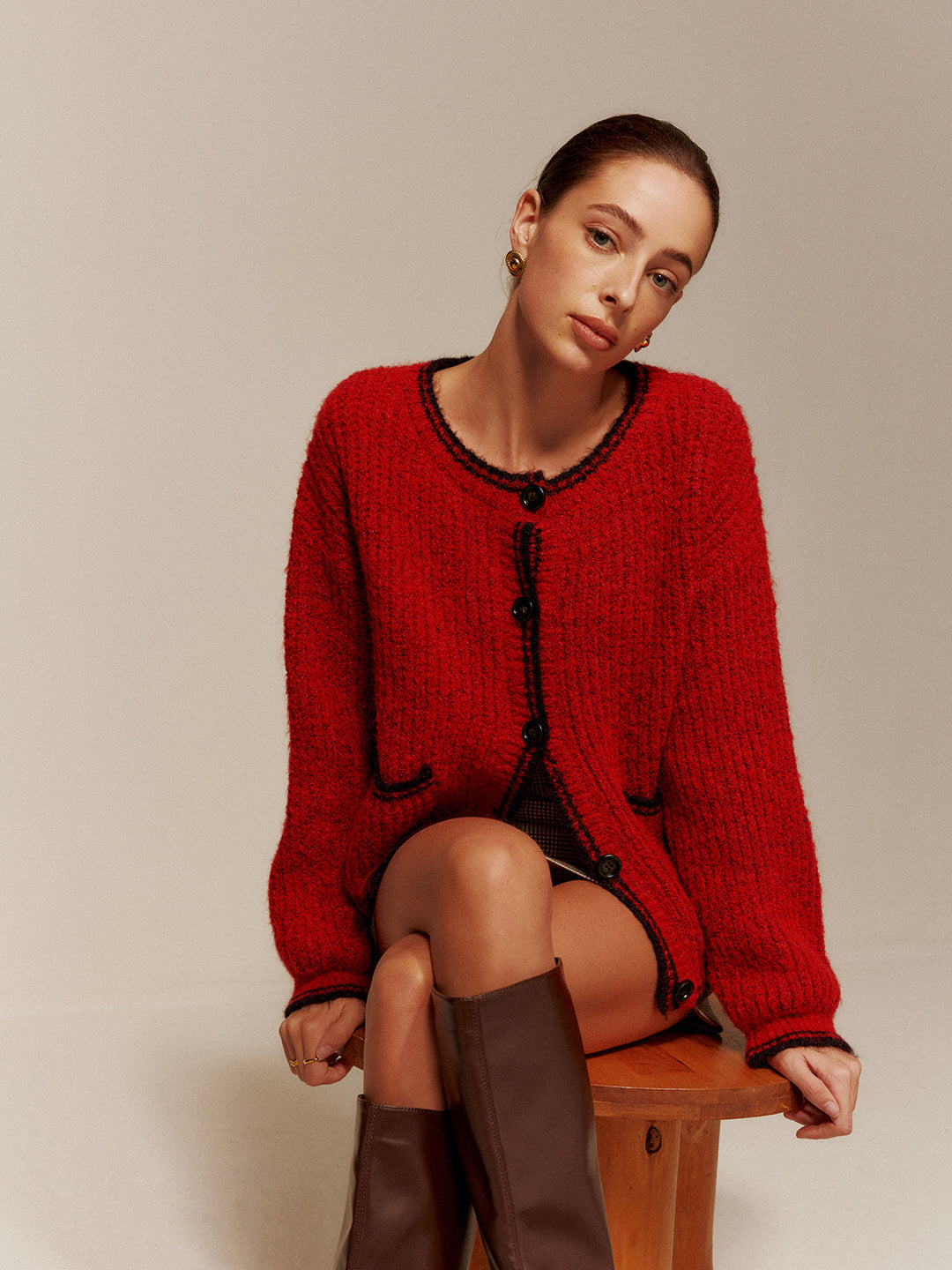 Contrast Trim Pockets Button Cardigan  Liora Lane Boutique Cardigans Red / XL 52.00