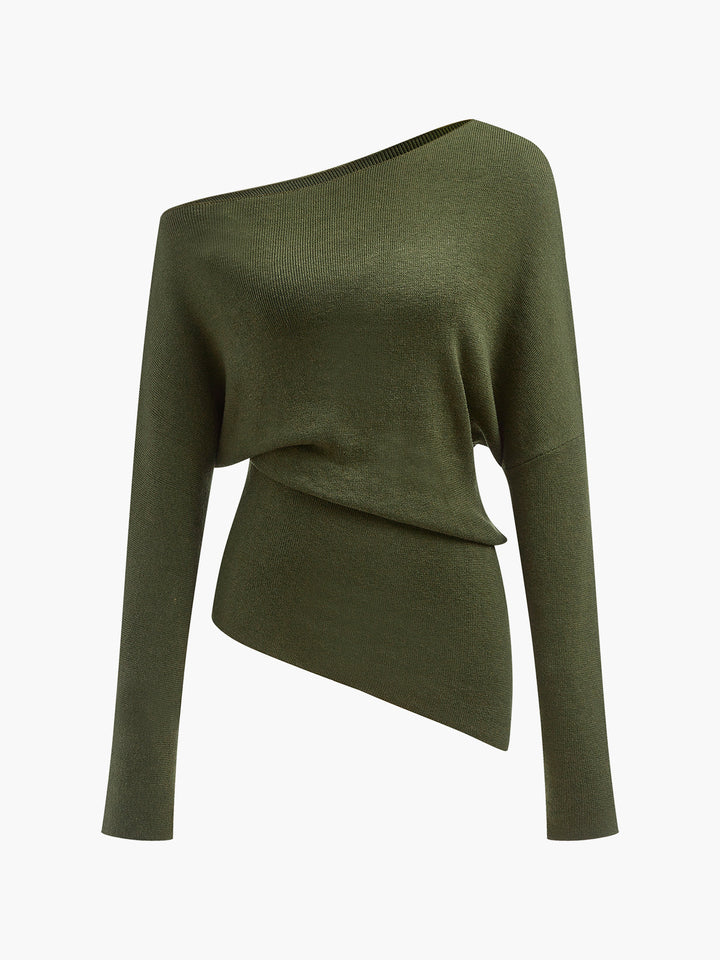 Wool-Blend Asymmetrical Neck Knit Top  Liora Lane Boutique Knit Tops ArmyGreen / XL 49.00