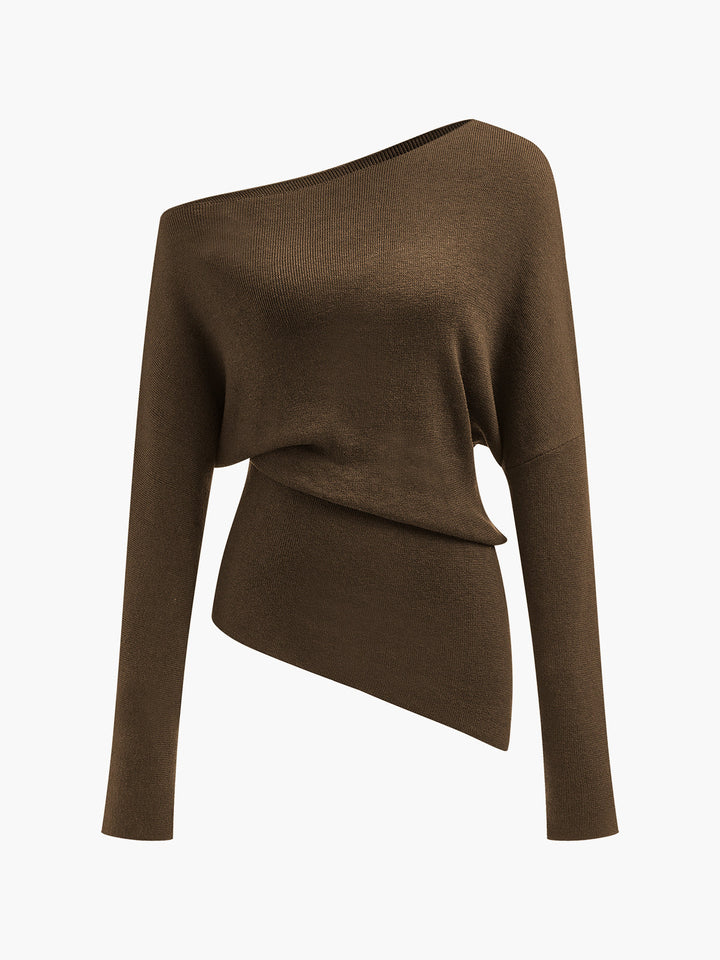 Wool-Blend Asymmetrical Neck Knit Top  Liora Lane Boutique Knit Tops Dark Brown / XL 49.00