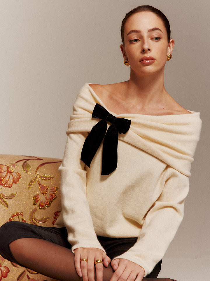 Velvet-Bow Off-Shoulder Ruched Sweater  Liora Lane Boutique Sweaters