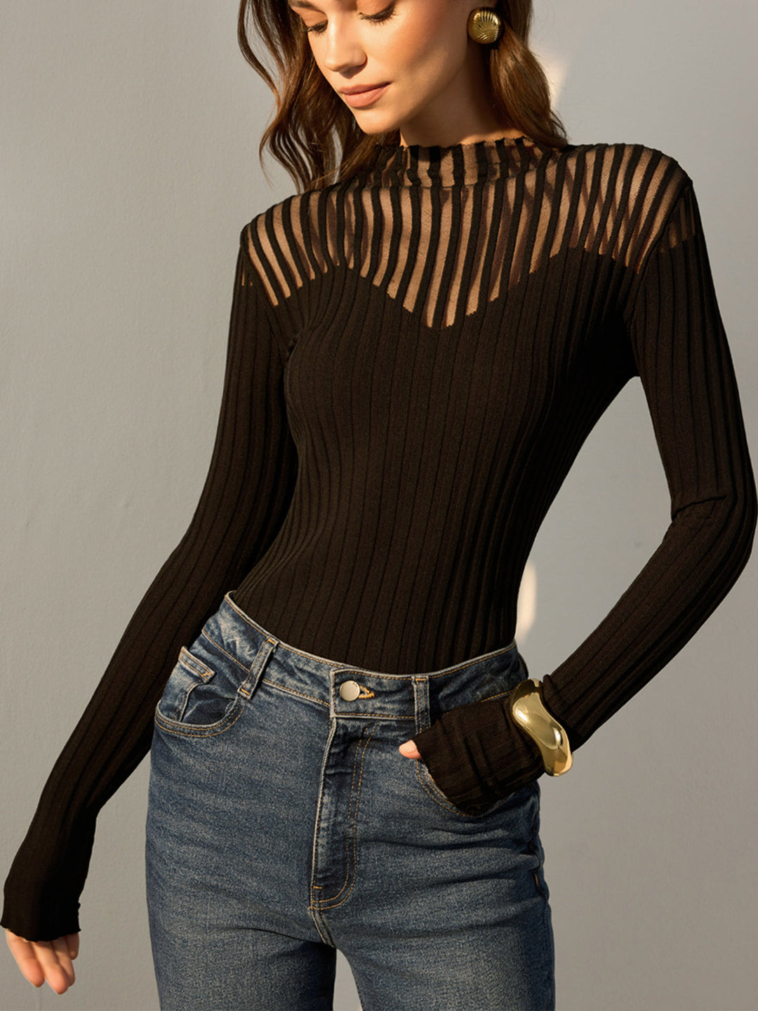 Ribbed Sheer-Shoulder Knit Top  Liora Lane Boutique Knit Tops